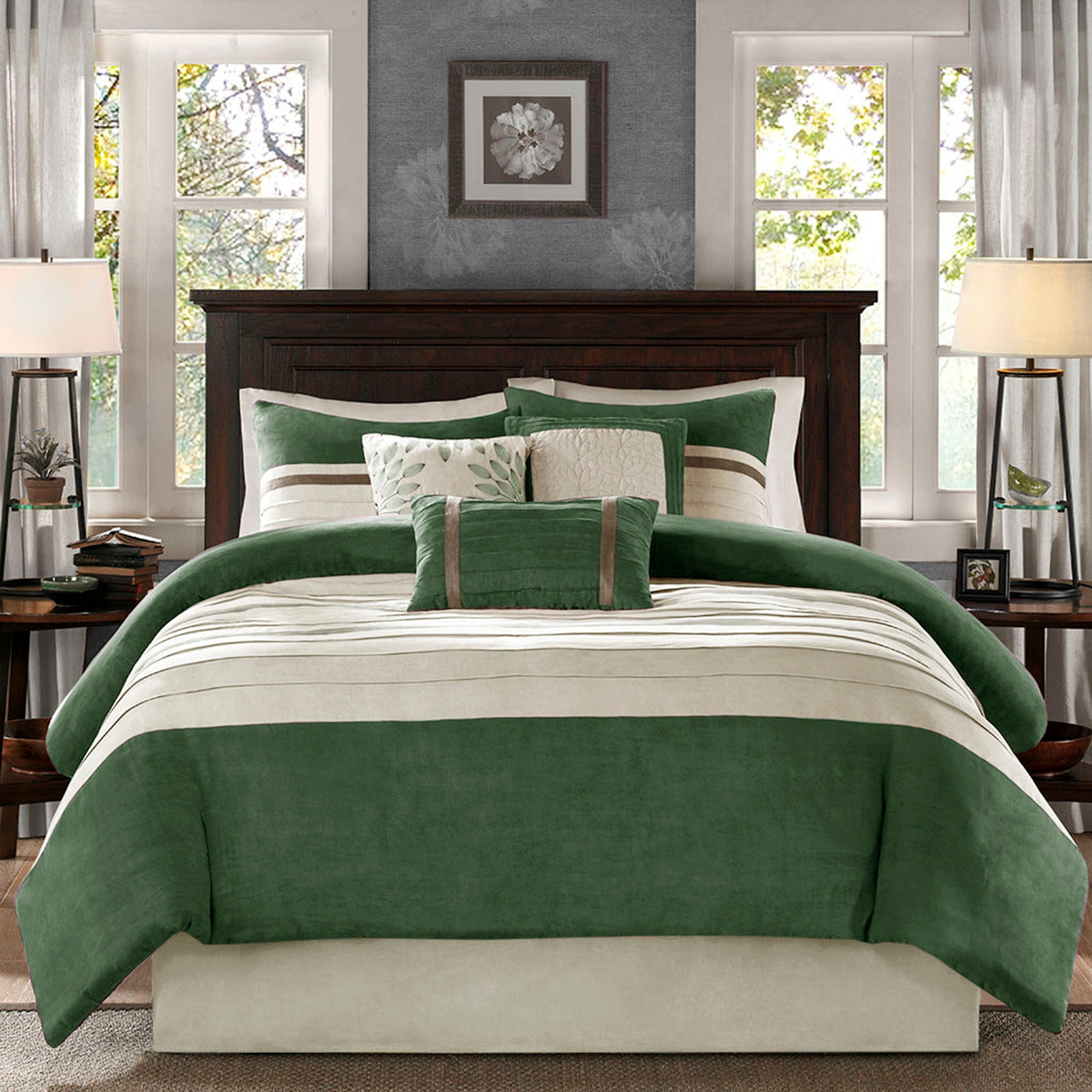 7 PC Pieced Faux Suede Comforter Set Green Cal King