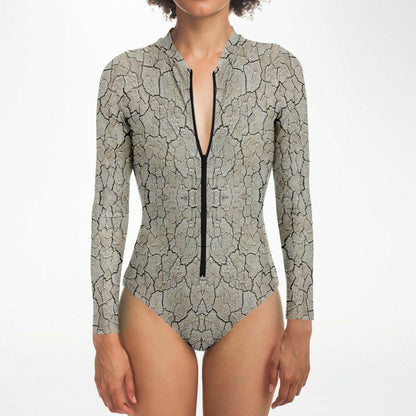 Black Rock City Long Sleeve Swimsuit | Full Piece Bodysuit | Front Zipper Bathing Suit | 50+ UPF Protection, UV Swimwear