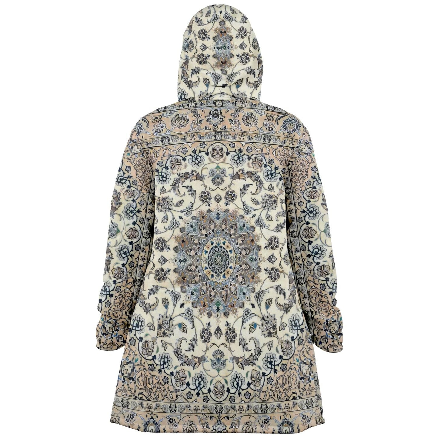 Classic Persian Carpet Cuddle Cloak | Nain, Cream and Soft Blue | Unisex Minky Sherpa Hooded Coat | Women and Mens Festival Coat | Mountain Fashion