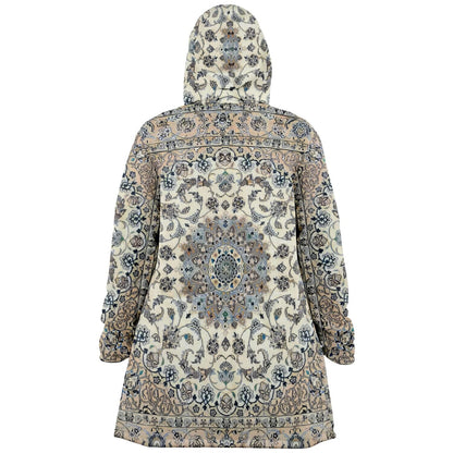 Classic Persian Carpet Cuddle Cloak | Nain, Cream and Soft Blue | Unisex Minky Sherpa Hooded Coat | Women and Mens Festival Coat | Mountain Fashion