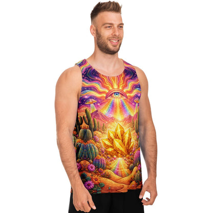 Psychedelic Desert Eye Tank Top – Festival Rave Shirt with Gold Crystal & Cosmic Print