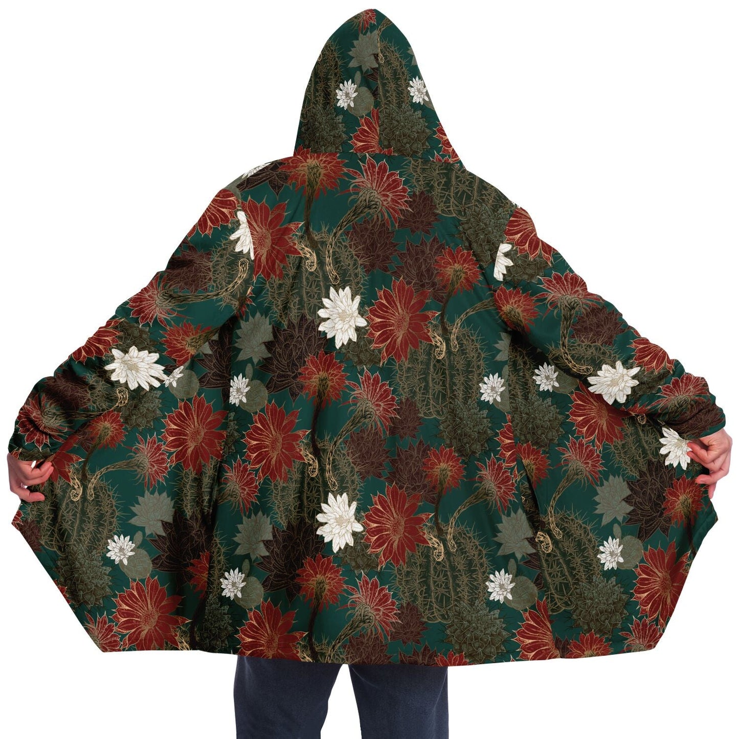 Desert Flowers Cuddle Cloak | Green Red | Unisex Minky Sherpa Lined Hooded Coat | Women and Mens Festival Coat | Mountain Fashion