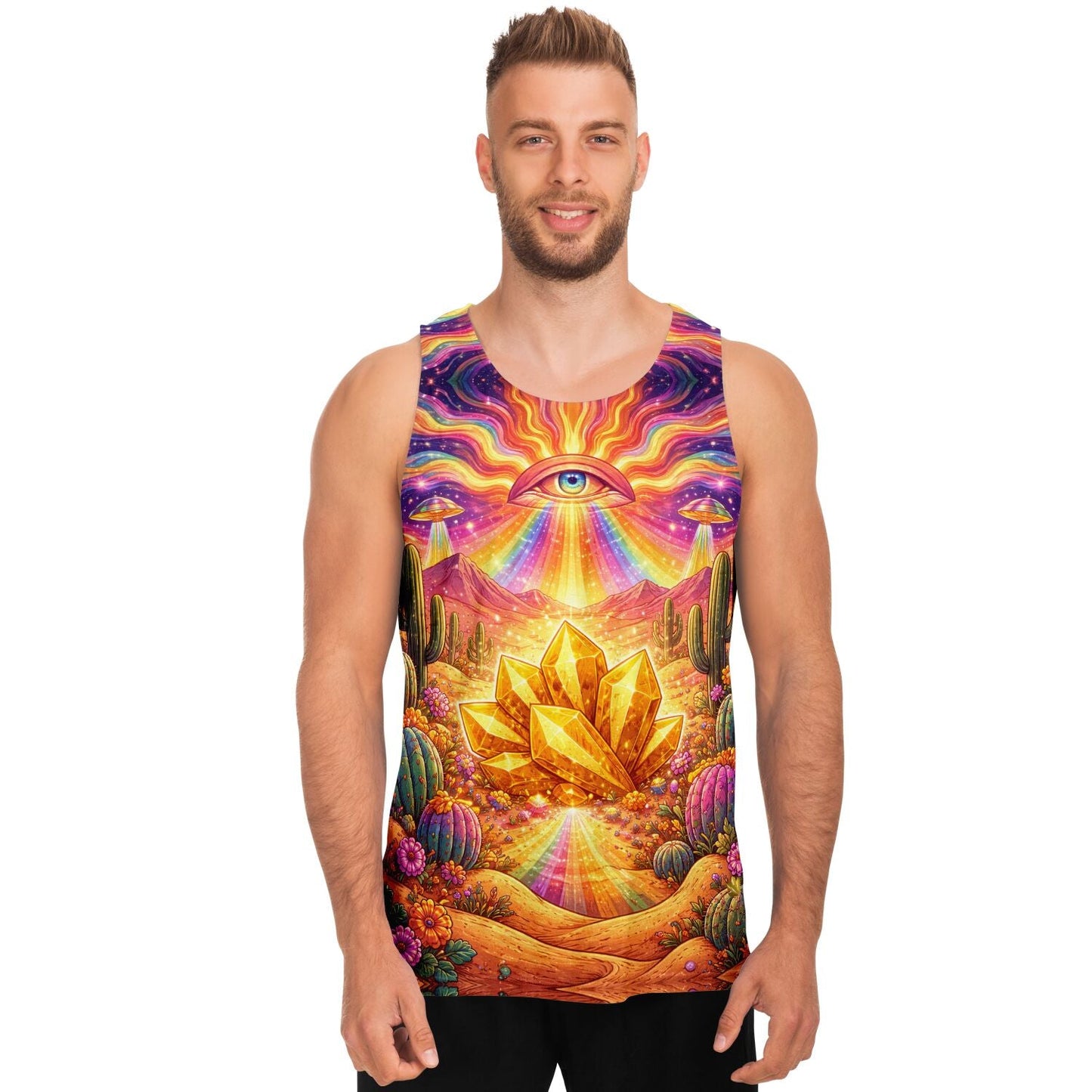 Psychedelic Desert Eye Tank Top – Festival Rave Shirt with Gold Crystal & Cosmic Print