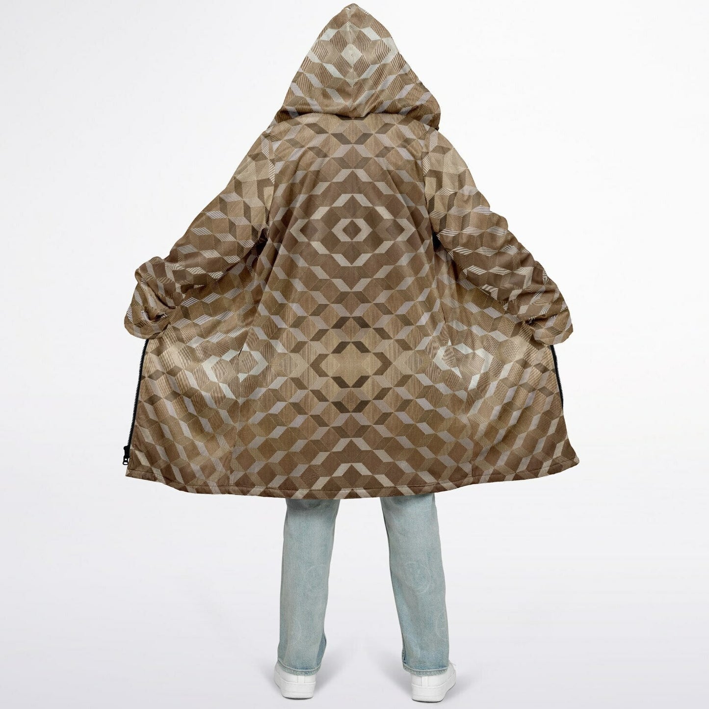 Gold Cube Cuddle Coat | Unisex Minky Sherpa Lined Coat with Hood, Zipper and Pockets | Women and Mens Festival Coat | Mountain Fashion
