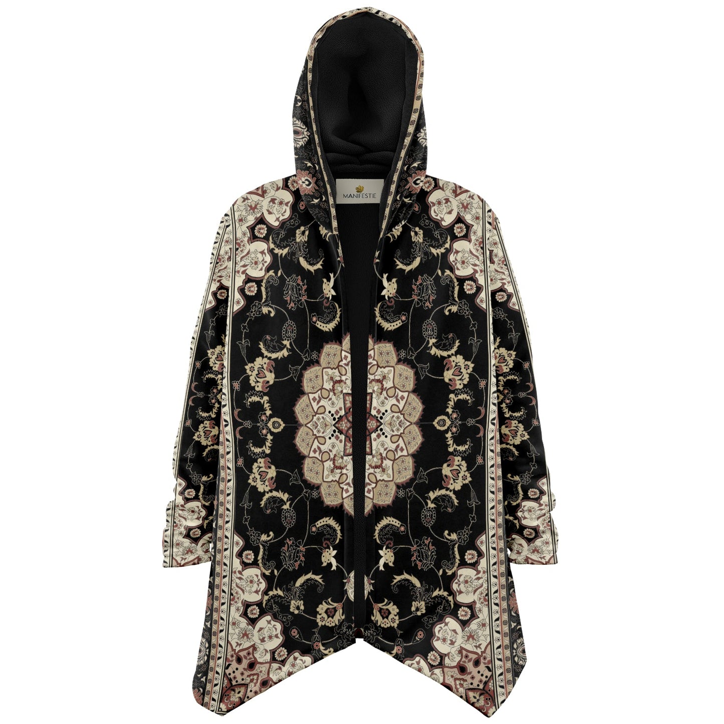 Classic Black Persian Carpet Cuddle Cloak | Unisex Minky Sherpa Lined Hooded Coat | Women and Mens Festival Coat | Mountain Fashion