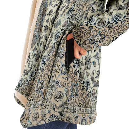 Classic Persian Carpet Cuddle Cloak | Nain, Cream and Soft Blue | Unisex Minky Sherpa Hooded Coat | Women and Mens Festival Coat | Mountain Fashion