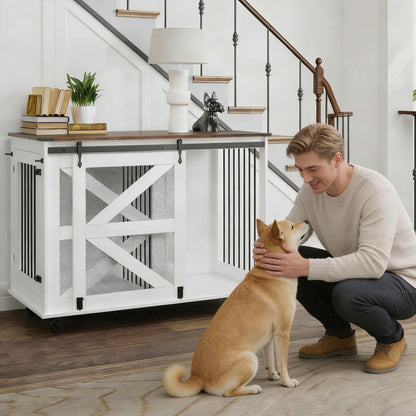 Mobile Dog Crate with Flip Top Feeding Door, Dual Access & 5 Caster System