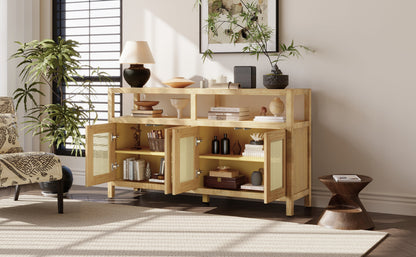 Bohemian Style Rattan Buffet Storage Cabinet with Solid Wood Frame