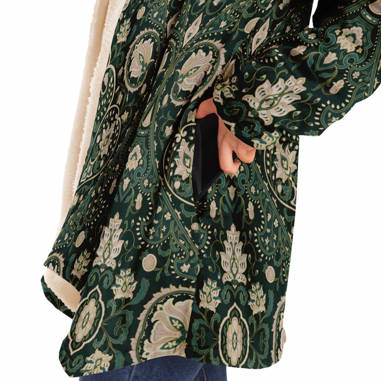 Green Persian Carpet Cuddle Cloak | Unisex Minky Sherpa Lined Coat with Hood, Zipper and Pockets | Women and Mens Festival Coat | Mountain Fashion