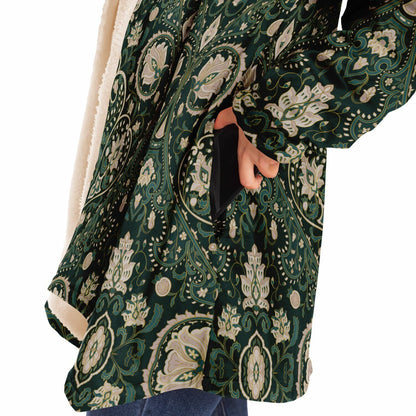 Green Persian Carpet Cuddle Cloak | Unisex Minky Sherpa Lined Coat with Hood, Zipper and Pockets | Women and Mens Festival Coat | Mountain Fashion