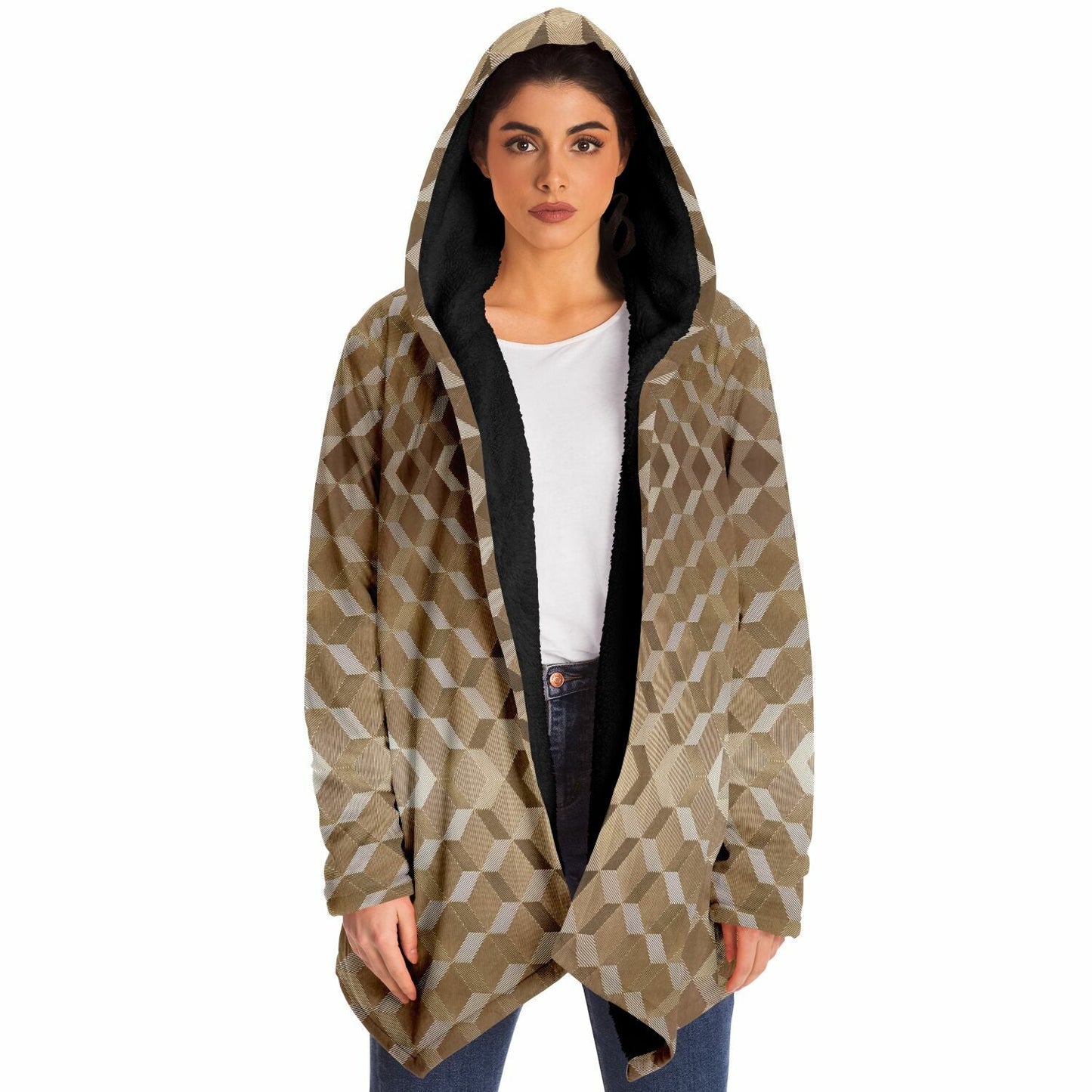 Gold Cube Cuddle Cloak | Unisex Minky Sherpa Lined Hooded Coat | Women and Mens Festival Coat | Mountain Fashion