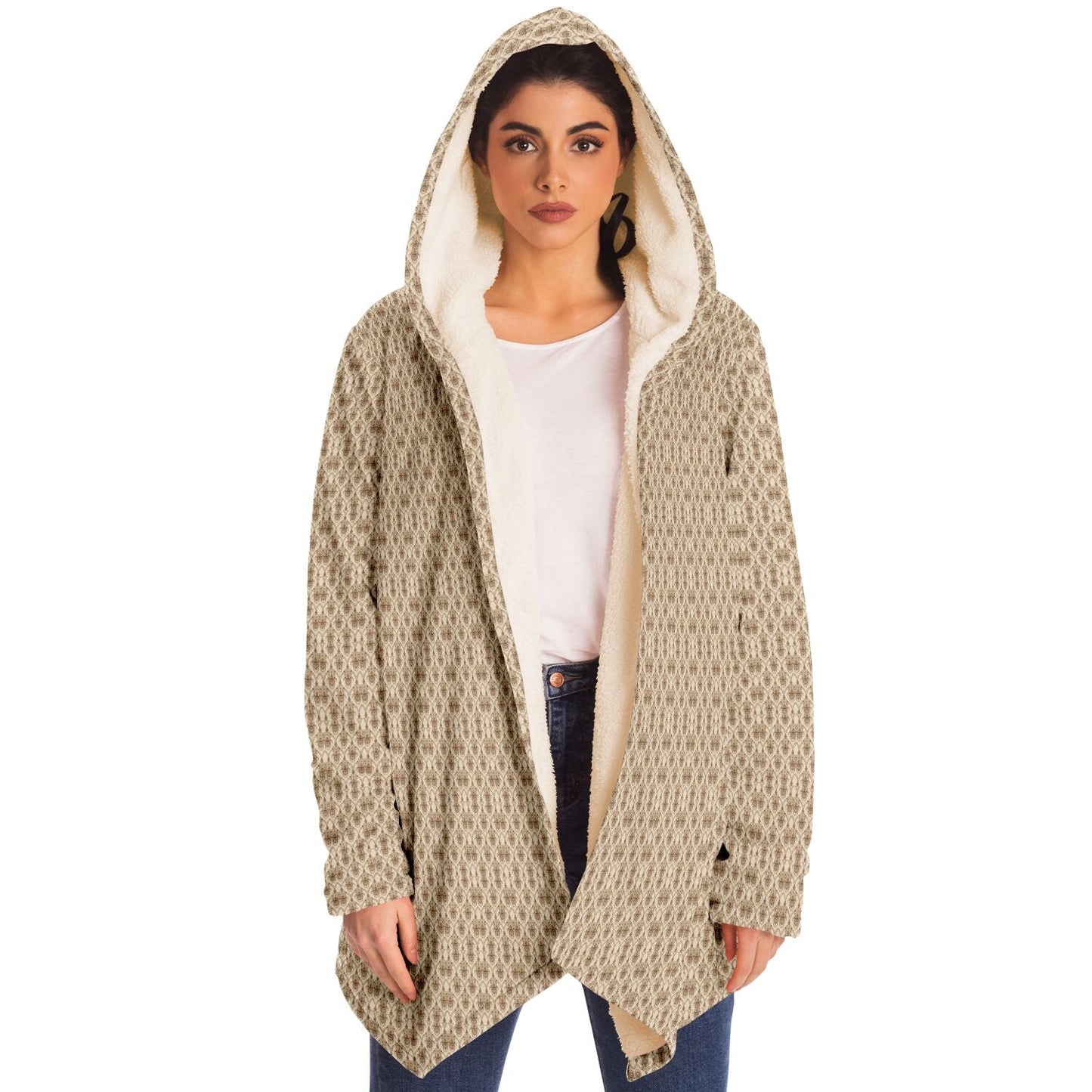 Cream Baroque Cuddle Cloak | Unisex Minky Sherpa Hooded Coat | Women and Mens Festival Coat | Mountain Fashion