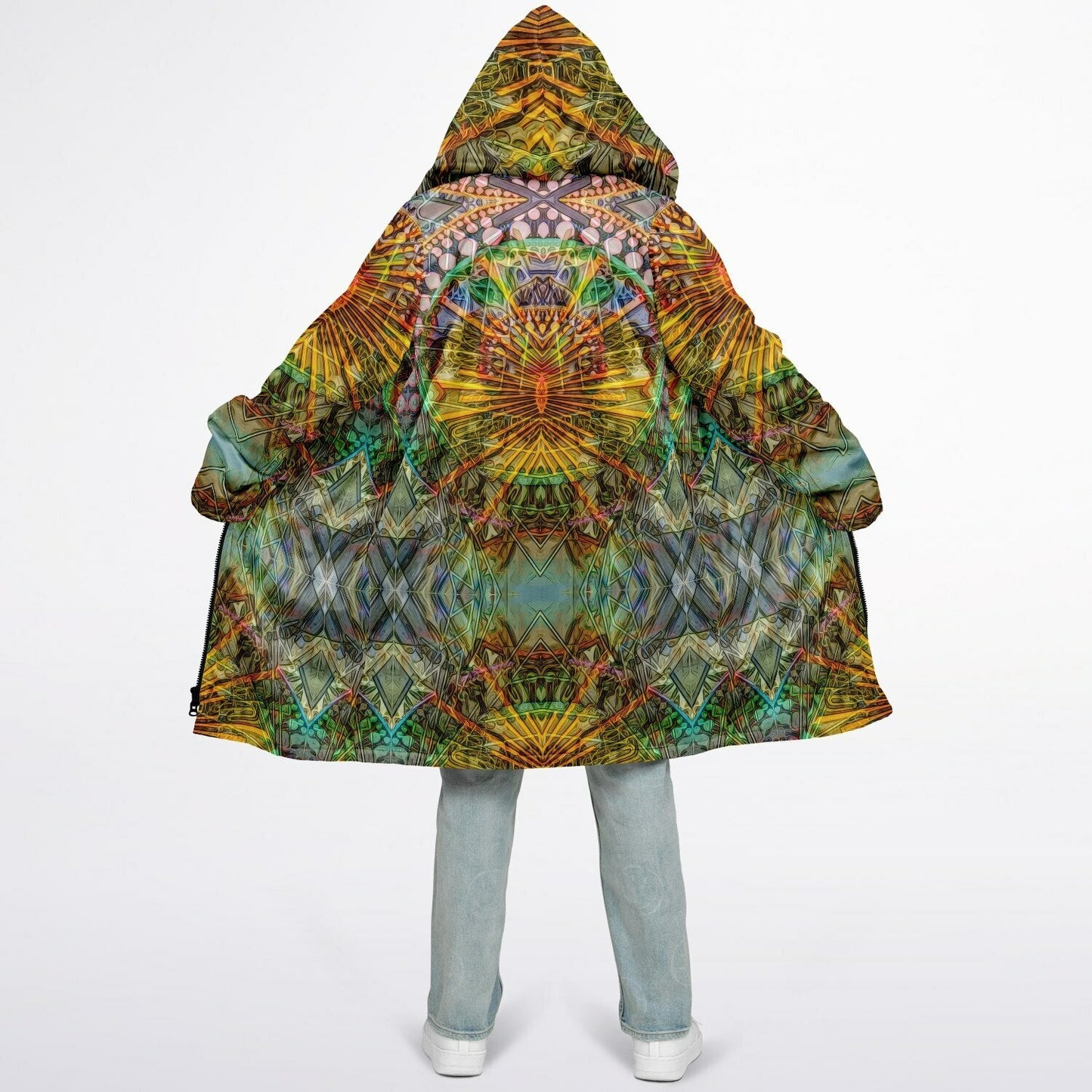 Lotus Guardian Cuddle Coat | Unisex Minky Sherpa Lined Coat with Hood, Zipper and Pockets | Women and Mens Festival Coat | Mountain Fashion