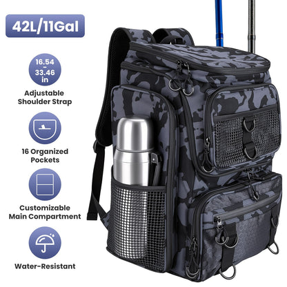 42L/11Gal Fishing Backpack Large Capacity Fishing Tackle Storage Bag with Rod Holders 16-Pocket Water-Resistant with Divider Adjustable Padded Straps