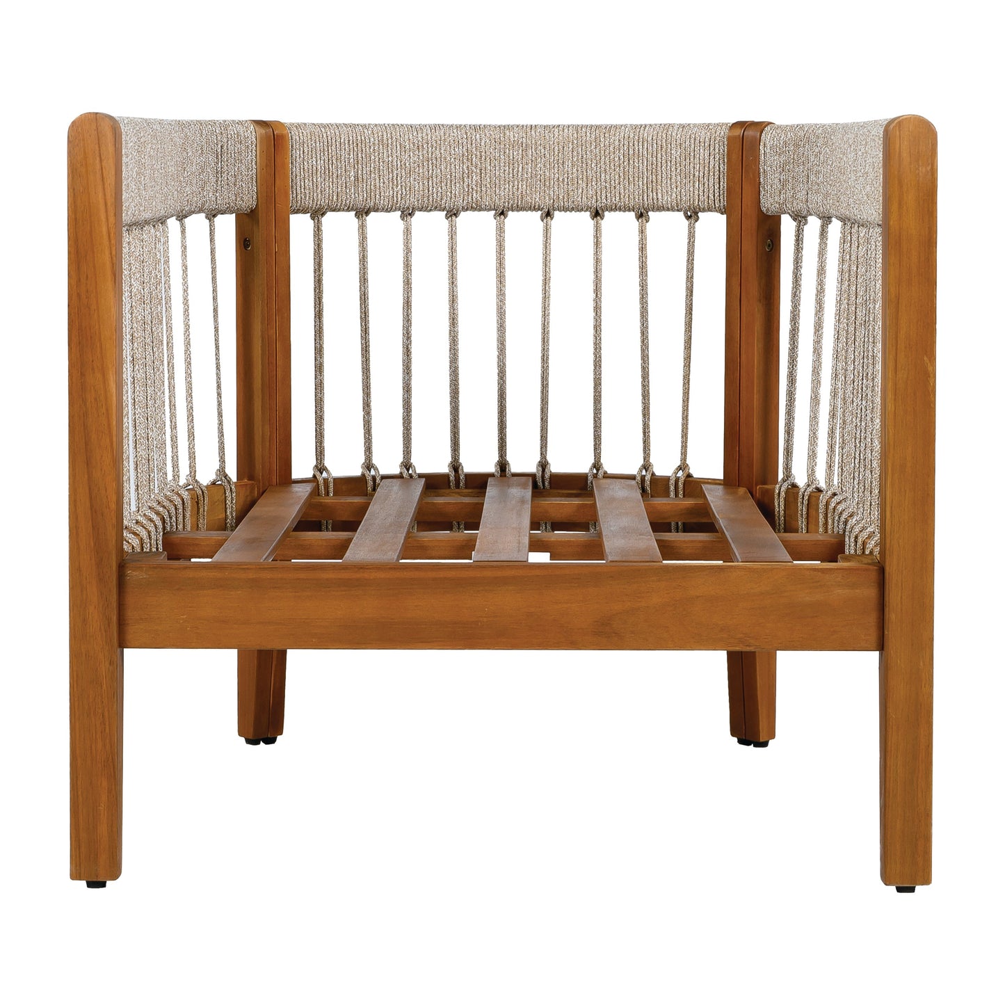 Acacia Wood Outdoor Club Chair with Handwoven Rope Accents & Curved Backrest