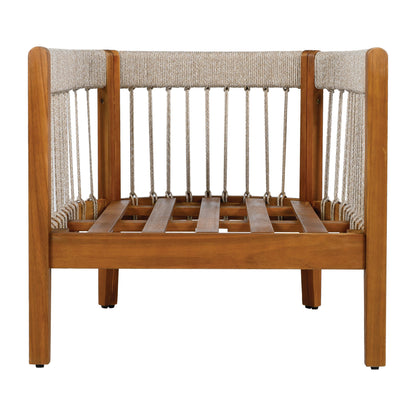 Acacia Wood Outdoor Club Chair with Handwoven Rope Accents & Curved Backrest