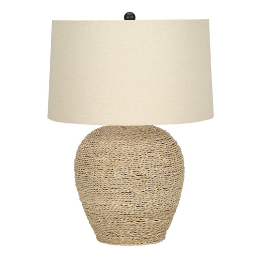 25" Table Lamp with Rattan Base and Linen Drum Shade