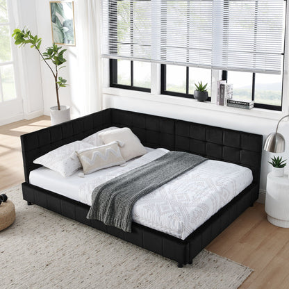 Mid-Century Storage Upholstered Tufted Bed Frame with Backrest and Armrests