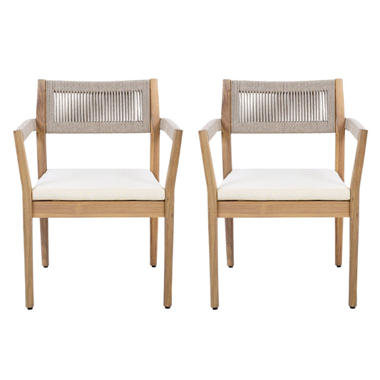 Braided Acacia Wood Outdoor Dining Chairs Set of 2 – Teak Look with Beige Rope & Cream Cushions