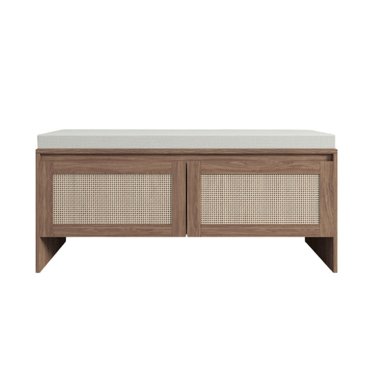 Storage Bench With Cushion, Shoe Cabinet With 2 Doors - Antique Natural / Rattan