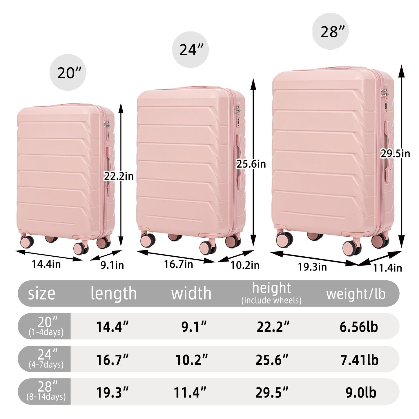Set 3PCs 20'/24'/28' ABS Spinner Wheel Luggage - Pink