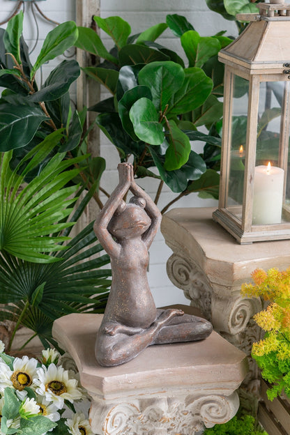 11.5x6.5x15 Brown Magnesium Yoga Frog Figurine in Namaste Pose with Gold Accents