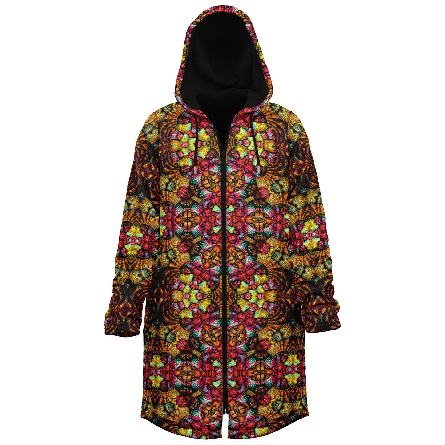 Fractal Glass Cuddle Coat | Unisex Minky Sherpa Lined Coat with Hood, Zipper and Pockets | Women and Mens Festival Coat | Mountain Fashion