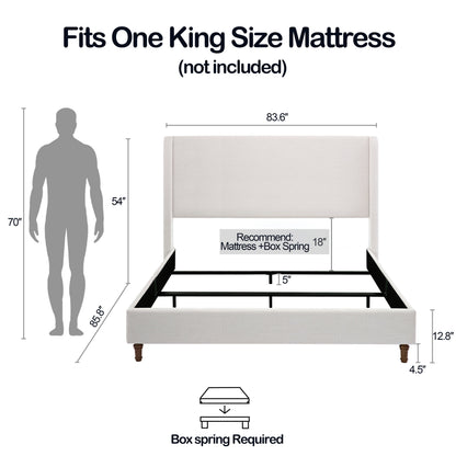 Hayden King Size Upholstered Wingback Bed with Textured Ivory Canvas and Tall 54' Headboard