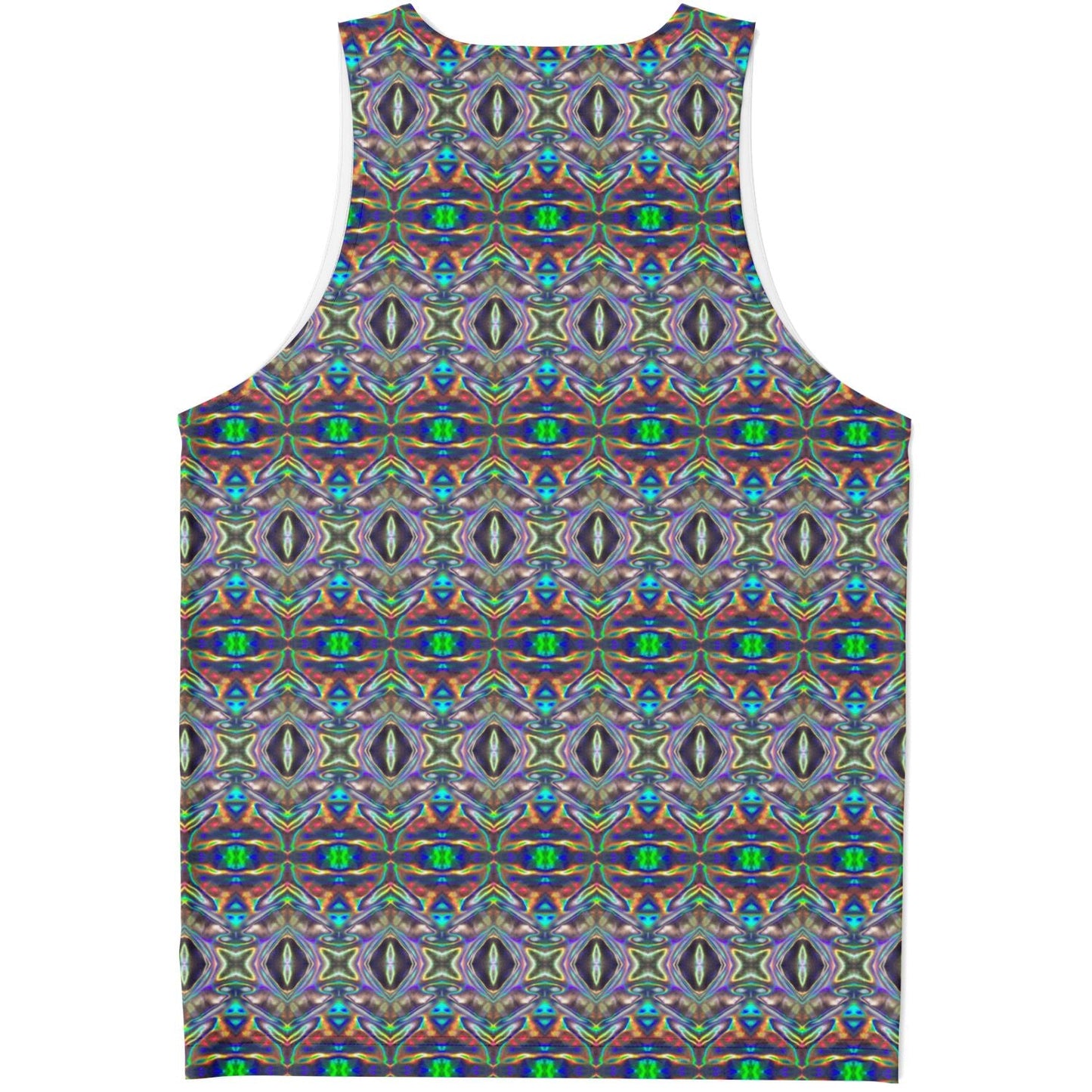 Holographic Print Tank Top – Trippy Geometric Festival Shirt with Optical Illusion Pattern