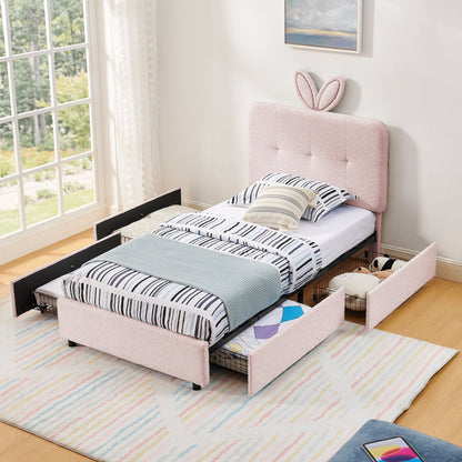 Twin Size Kids Upholstered Bed with Oversized Rabbit Ear Headboard