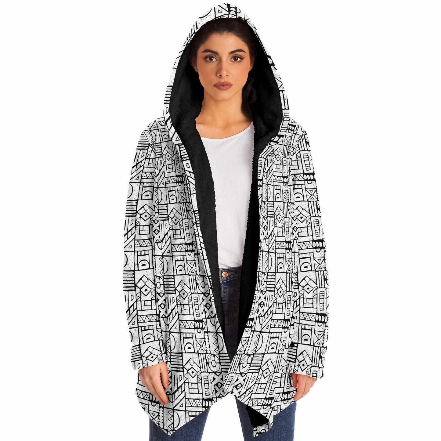 Zentangle Cuddle Cloak | Black White | Unisex Minky Sherpa Lined Hooded Coat | Women and Mens Festival Coat | Mountain Fashion