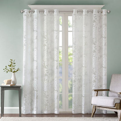 Palm Leaf Burnout White Sheer Window Curtain 50x95