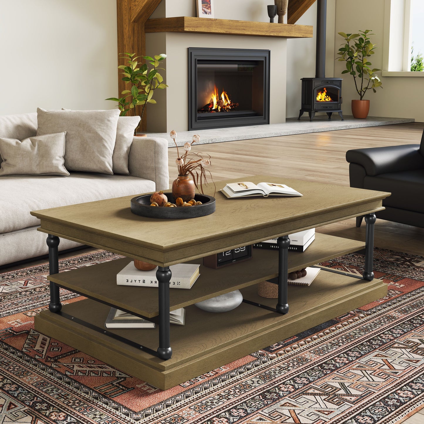 55.1' Wood Coffee Table with Black Legs and Open Storage Shelves