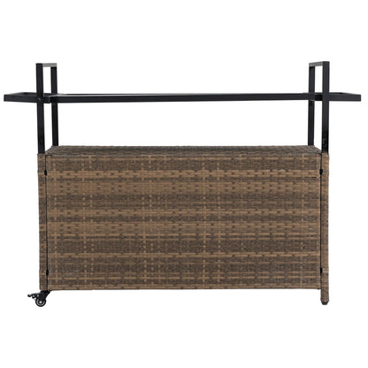 Outdoor Wicker Bar Cart with Glass Top and Wheels