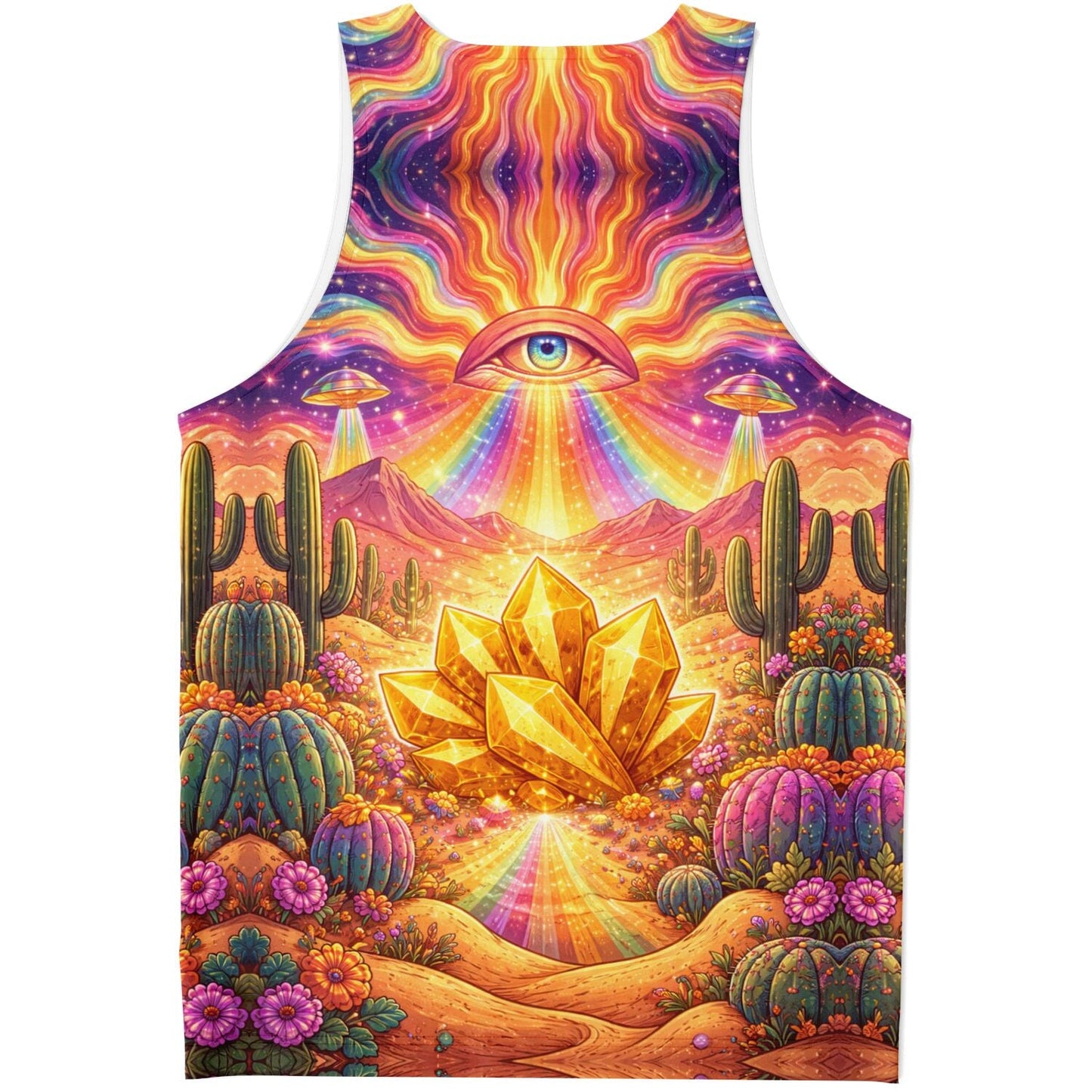 Psychedelic Desert Eye Tank Top – Festival Rave Shirt with Gold Crystal & Cosmic Print