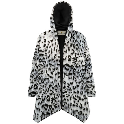 Snow Leopard Cuddle Cloak | Unisex Minky Sherpa Lined Hooded Coat | Women and Mens Festival Coat | Mountain Fashion