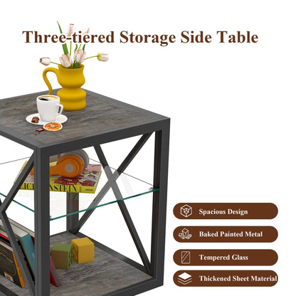 Modern End Table Nightstand with Tempered Glass & Wood Grain MDF