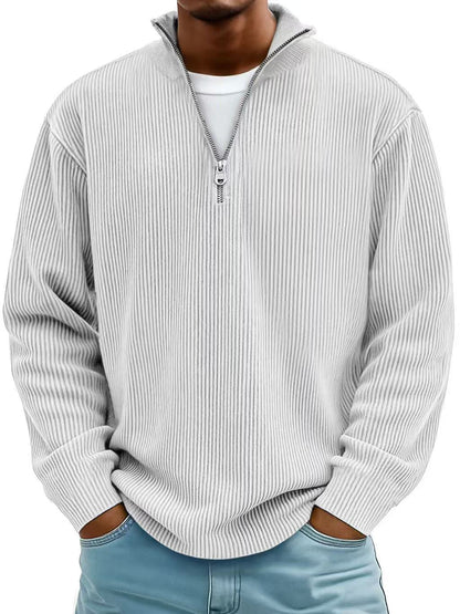 Corduroy Zipper Stand Collar Sweatshirt Fashion Warm Solid Color Long Sleeve Top Men's Casual Polo Shirt Clothing