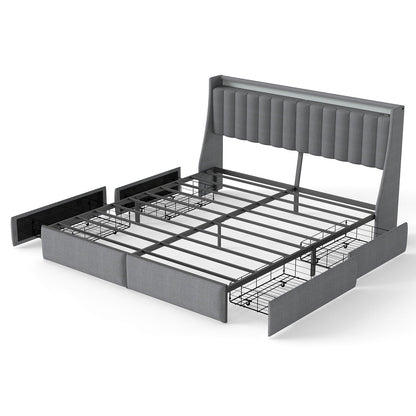 King Upholstered Bed Frame With 4 Storage Drawers, RGB LED Lights & USB / Type-C Charging Station