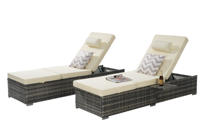 Outdoor Chaise Lounge Chair Set of 2 with Storage and Cushions