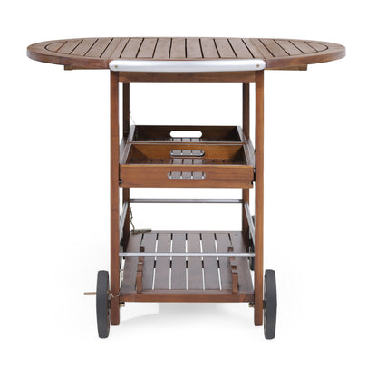 Wood and Aluminum Bar Cart with 2 Shelves, Oak and Silver