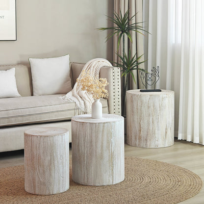 Set of 3 Rounded Wood Coffee Tables with Whitewashed Wood Finish