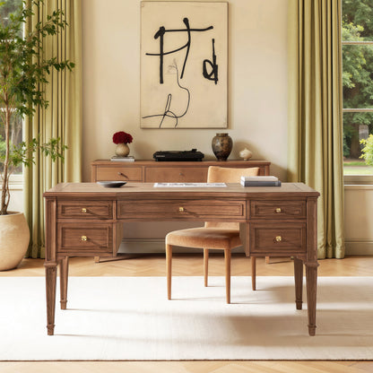 Dauphin Gold Accent 5-Drawer Wood Executive Desk Brown Ash Wood & Veneer