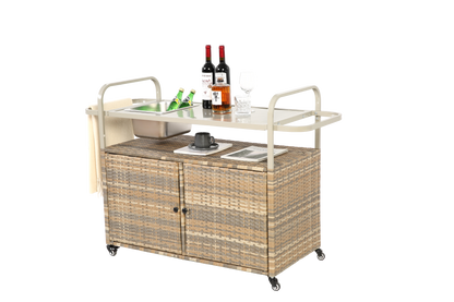 Outdoor Bar Table with Wicker Cabinet and Steel Top