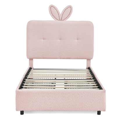 Twin Size Kids Upholstered Bed with Oversized Rabbit Ear Headboard