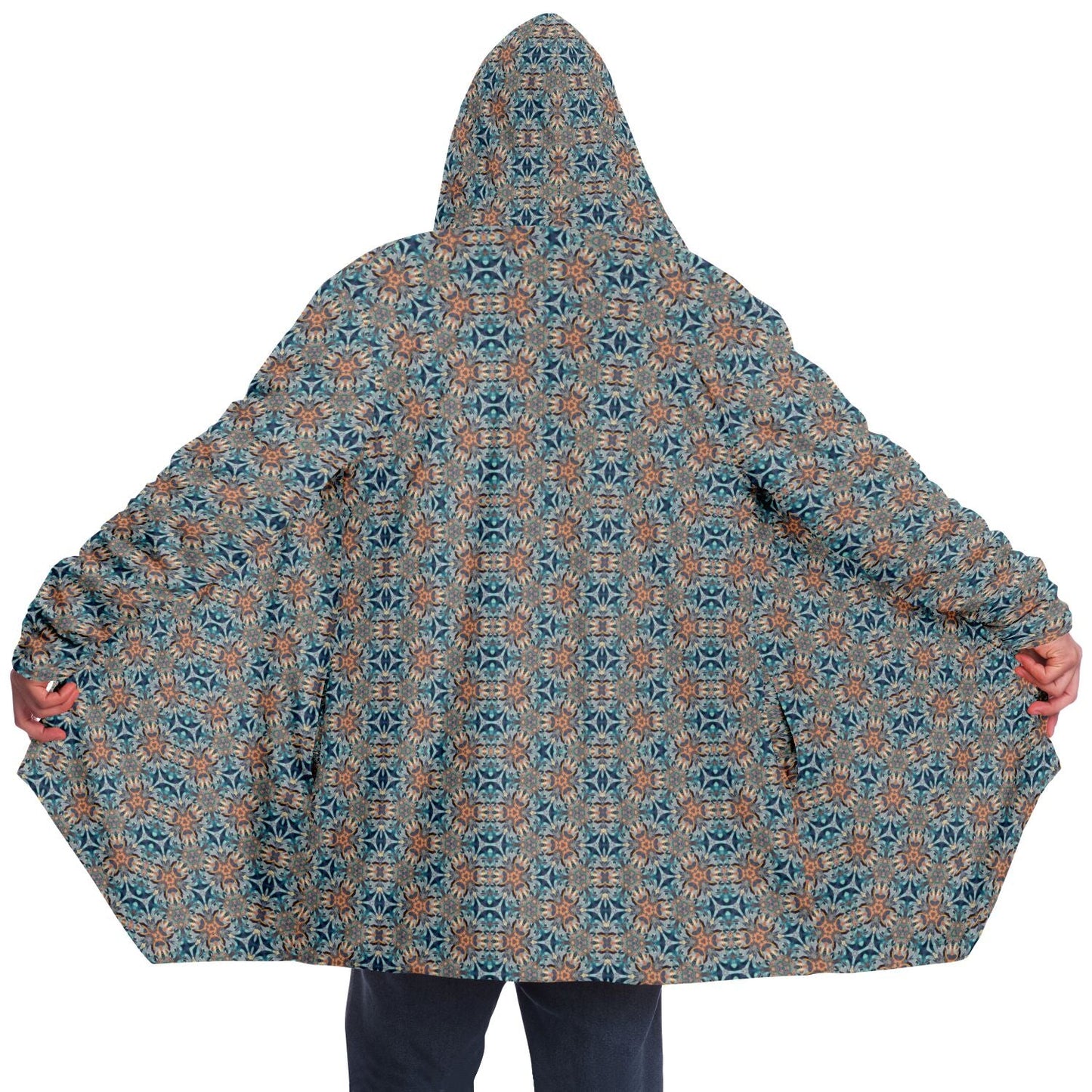 Mystic Mirror Cuddle Cloak |  Orange, Blue Face | Unisex Minky Sherpa Lined Hooded Coat | Women and Mens Festival Coat | Mountain Fashion