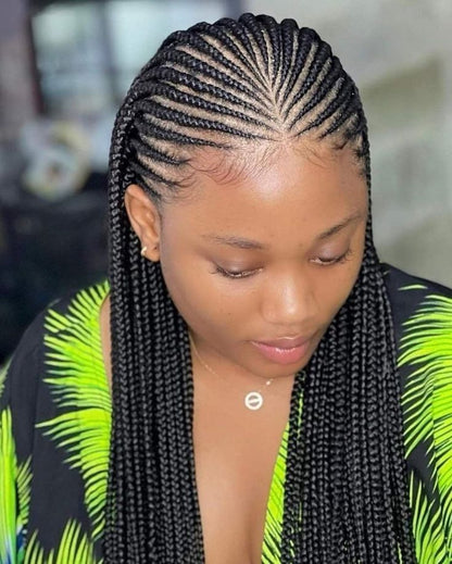 36" Cornrow & Knotless Box Braids Wig | Tribal Braids | Full Lace Front | Faux Locs Accents