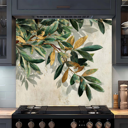 Golden Olive – Tempered Glass Backsplash for Kitchen – Botanical Kitchen Splashback