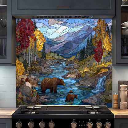 Autumn River – Tempered Glass Backsplash With Bear Family And Fall Trees