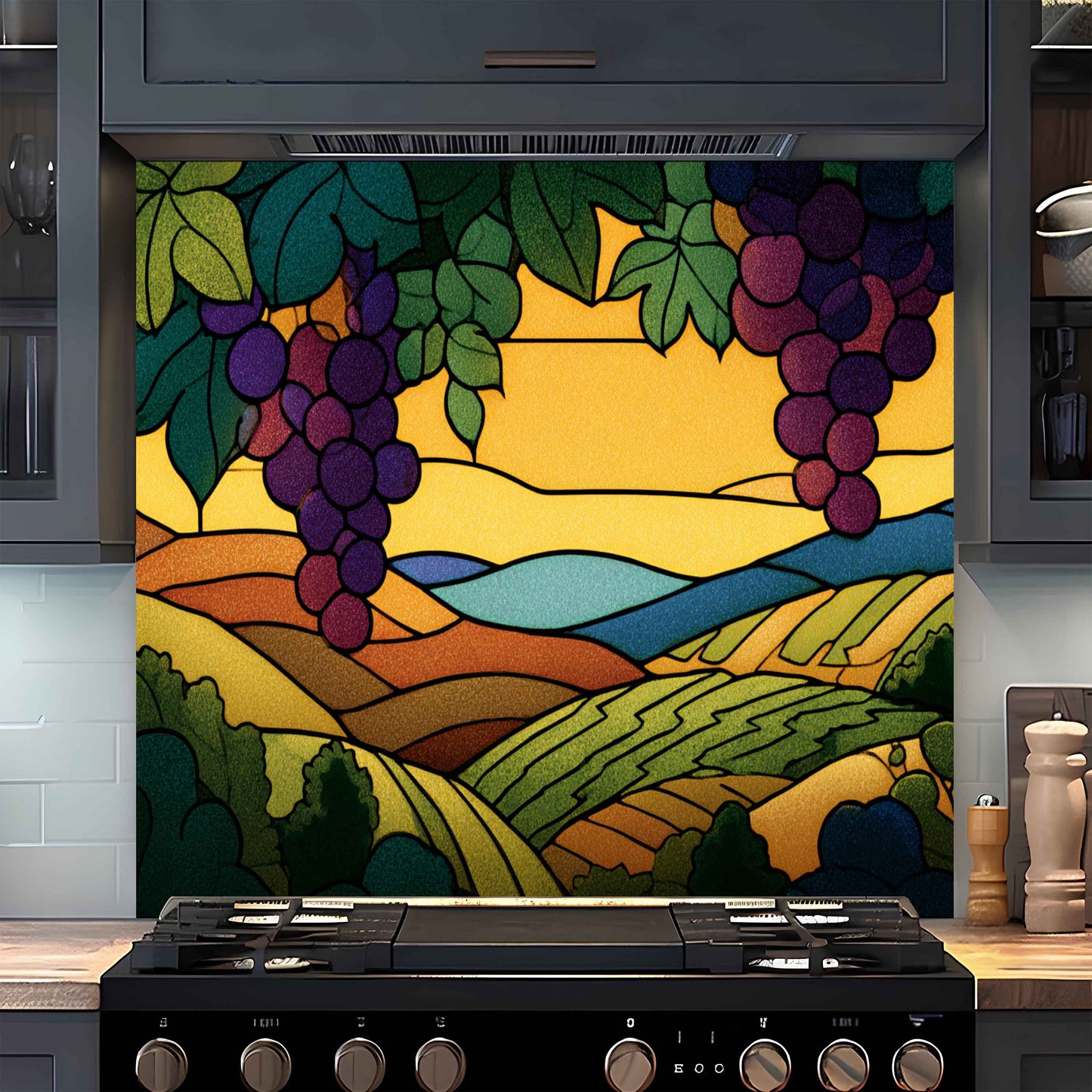 Tempered Glass Backsplash for Kitchen | Stained Glass Grape Field Landscape Design